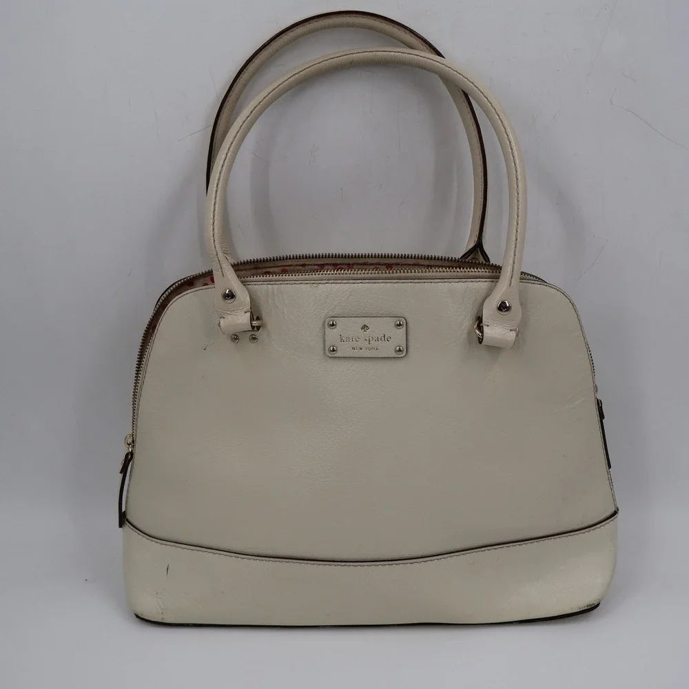 Kate Spade Dome Satchel Bag Womens Medium Cream Pebbled Leather Polka Dot Lining